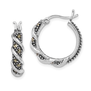 Sterling Silver Rhodium-plated Antiqued Swirl Hoop Marcasite Earrings