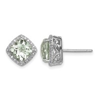 Sterling Silver Rhodium-plated Green Quartz and Diamond Earrings view 1