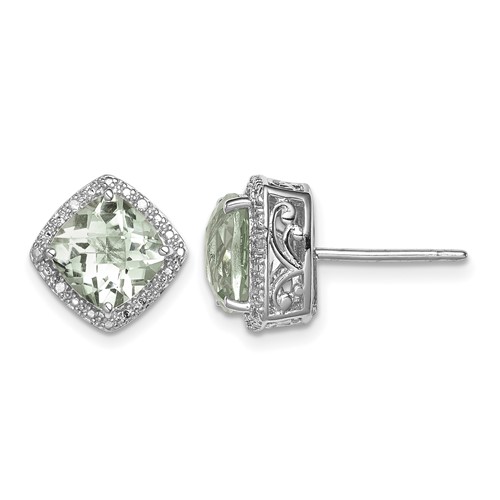 Sterling Silver Rhodium-plated Green Quartz and Diamond Earrings