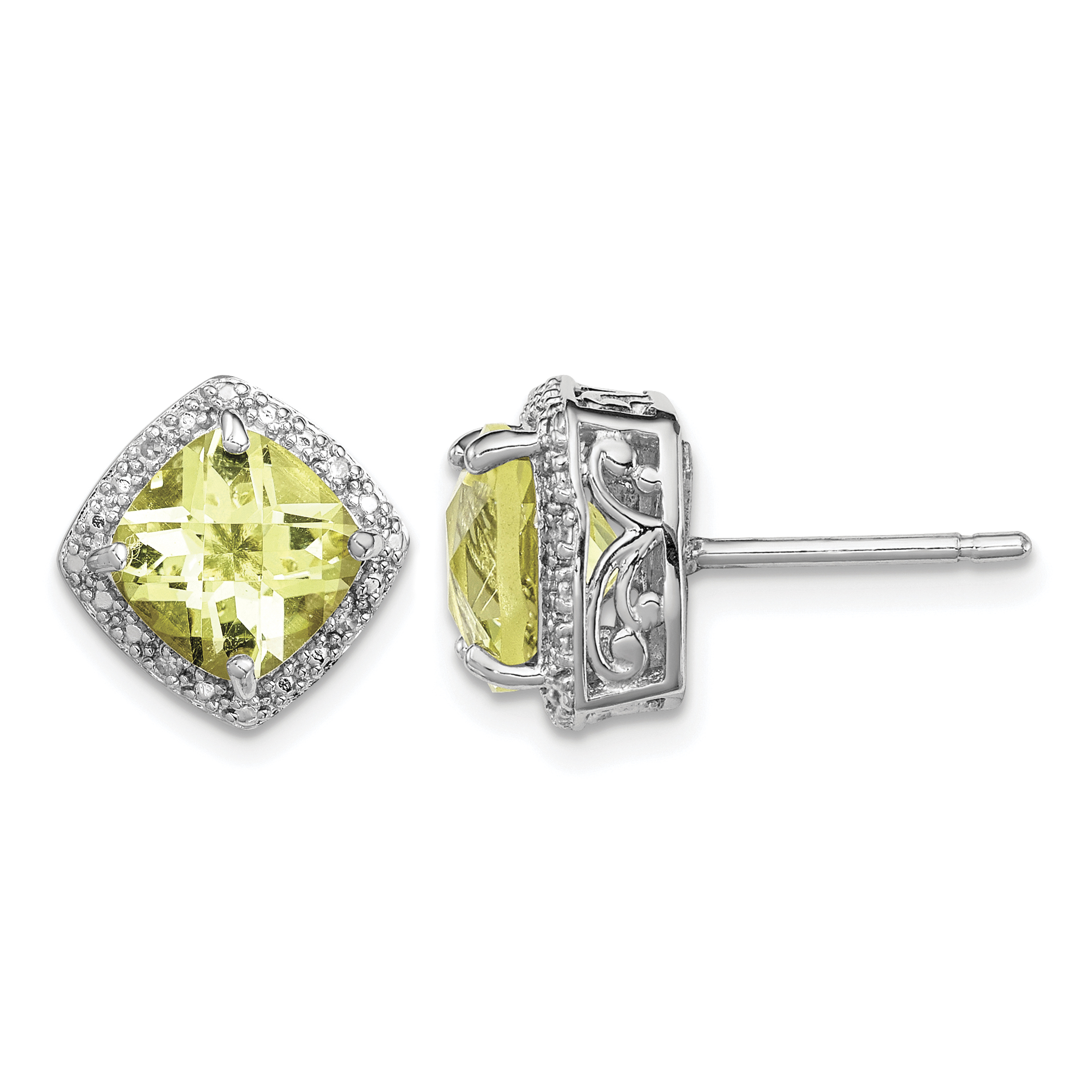 Sterling Silver Rhodium-plated Lemon Quartz and Diamond Earrings (QE9850LQ)