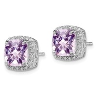 Sterling Silver Rhodium-plated Pink Quartz and Diamond Earrings view 2