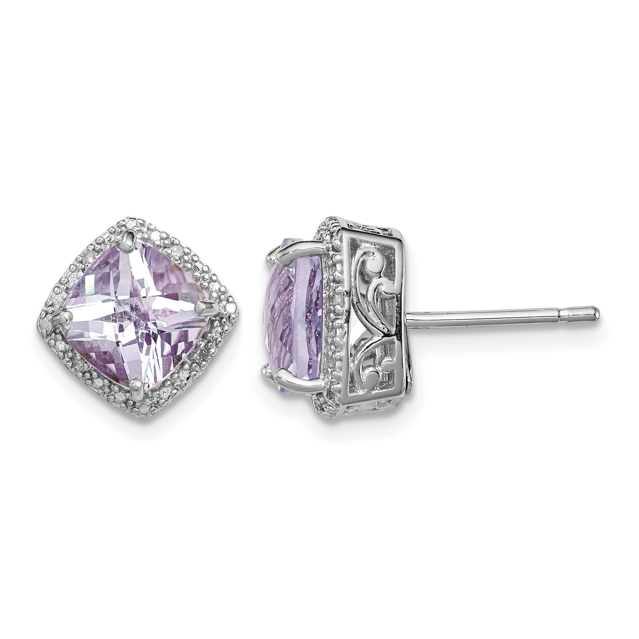 Sterling Silver Rhodium-plated Pink Quartz and Diamond Earrings (QE9850PQ)