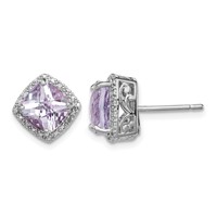 Sterling Silver Rhodium-plated Pink Quartz and Diamond Earrings view 1