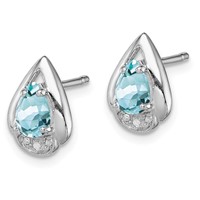 Sterling Silver Rhodium Plated Diamond & Aquamarine Post Earrings view 2