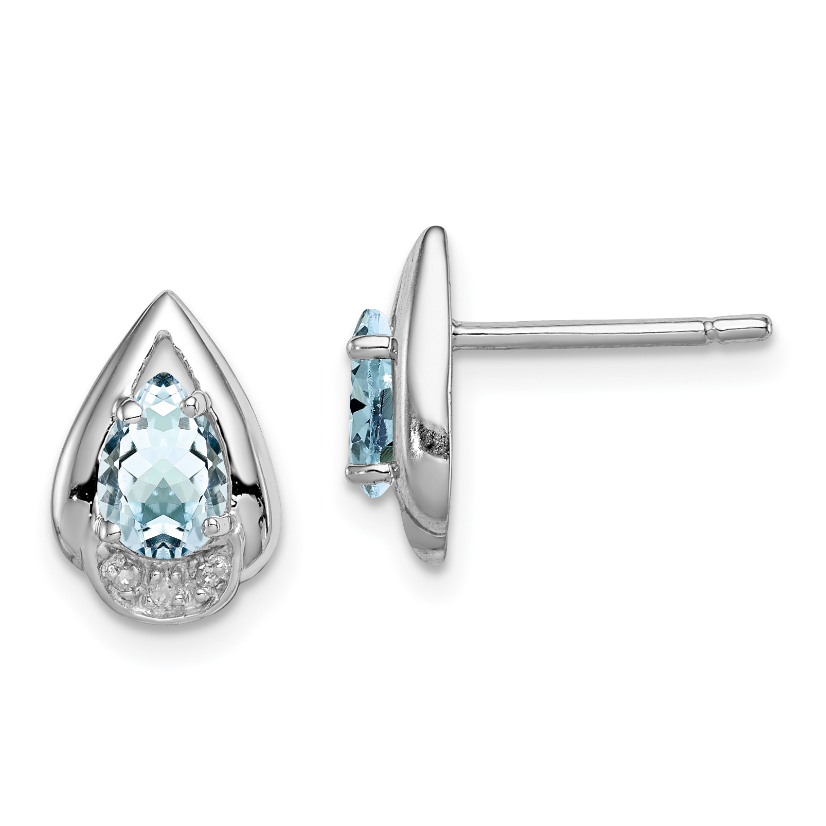 Sterling Silver Rhodium Plated Diamond & Aquamarine Post Earrings (QE9924AQ)