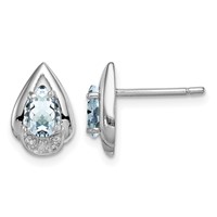 Sterling Silver Rhodium Plated Diamond & Aquamarine Post Earrings view 1