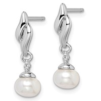 Sterling Silver Rhodium Plated Diamond & FW Cultured Pearl Post Ear view 2