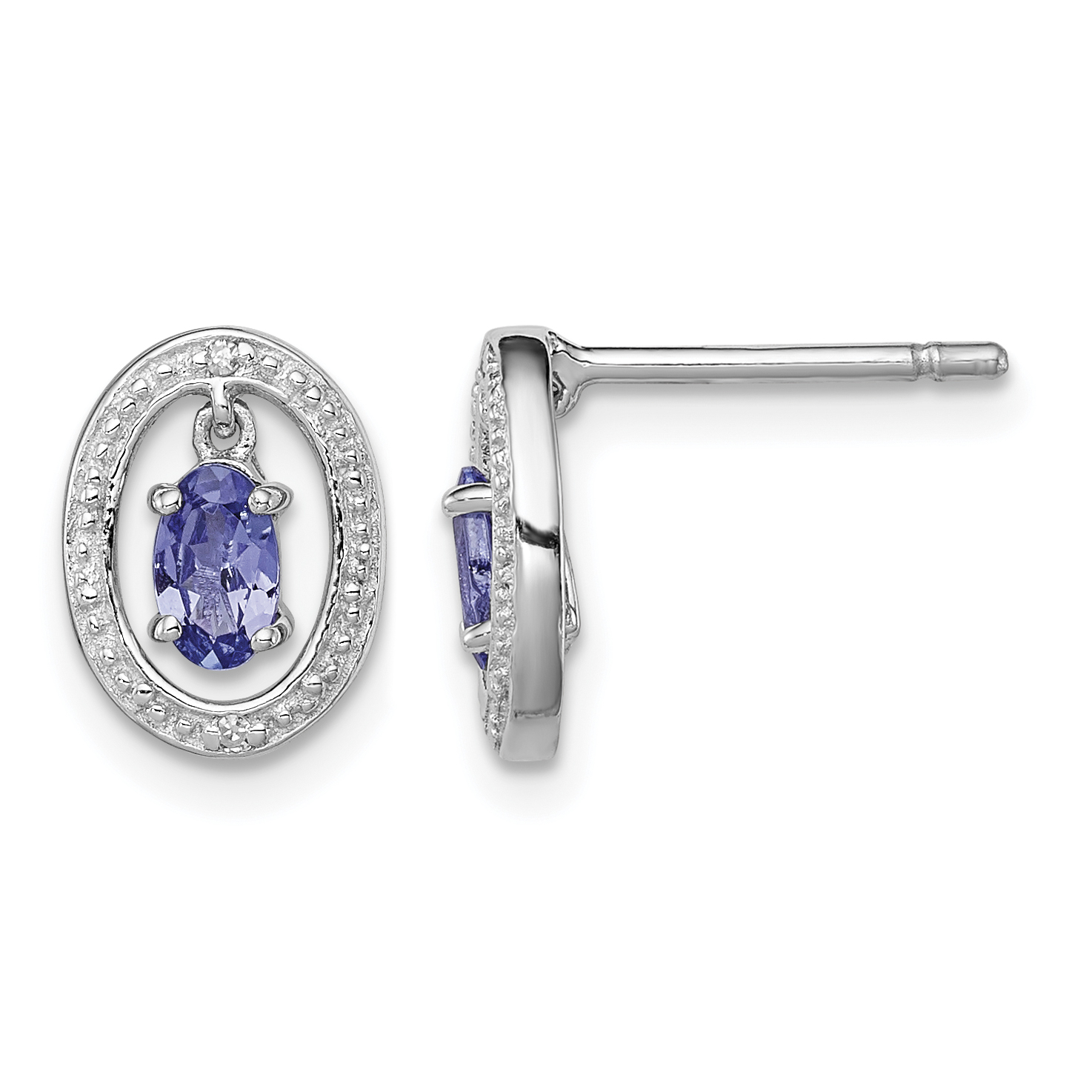 Sterling Silver Rhodium Plated Diamond & Tanzanite Oval Post Earrings (QE9926TZ)