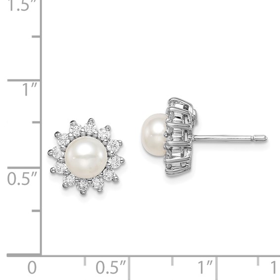 Sterling Silver Rhodium Plated CZ and FW Cultured Pearl Post Ear