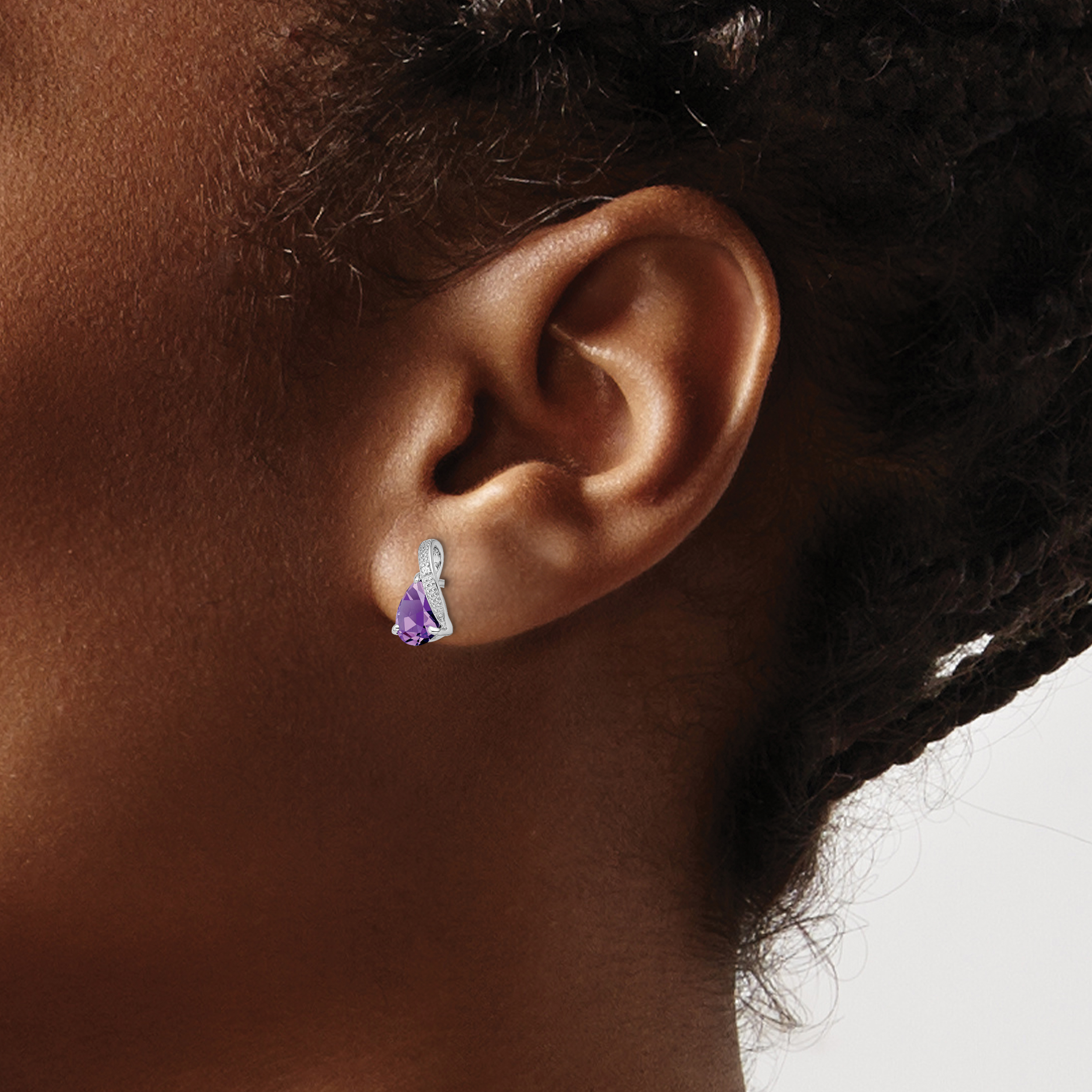 Silver Rhodium Plated Diamond and Amethyst Post Earrings QE9939AM detailed image 3