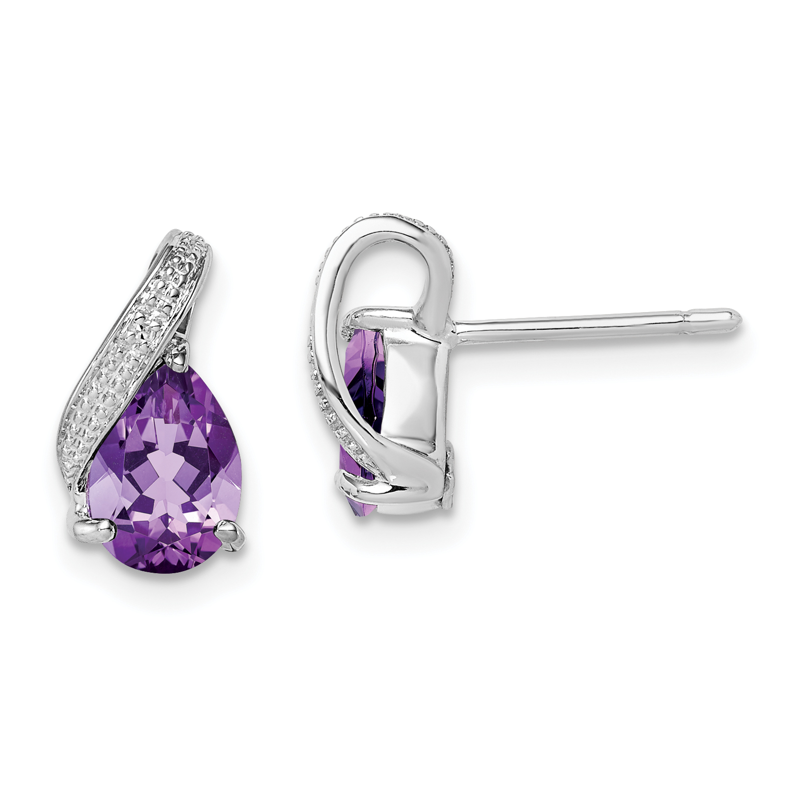 Sterling Silver Rhodium Plated Diamond and Amethyst Post Earrings (QE9939AM)