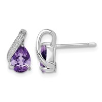 Sterling Silver Rhodium Plated Diamond and Amethyst Post Earrings view 1