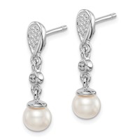 Sterling Silver Rhodium Plated Diamond & FW Cultured Pearl Earrings view 2