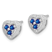 Sterling Silver Rhodium Plated Diamond & Sapphire Heart Earrings view 2