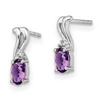 Sterling Silver Rhodium Plated Diamond and Amethyst Oval Post Earrings view 2