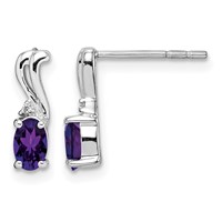 Sterling Silver Rhodium Plated Diamond and Amethyst Oval Post Earrings view 1