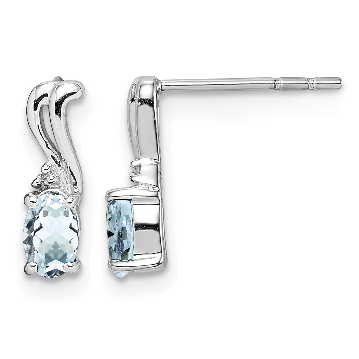 Sterling Silver Rhodium Plated Dia. & Aquamarine Oval Post Earrings (QE9967AQ)