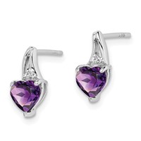 Sterling Silver Rhodium Plated Diamond and Amethyst Heart Post Earrings view 2