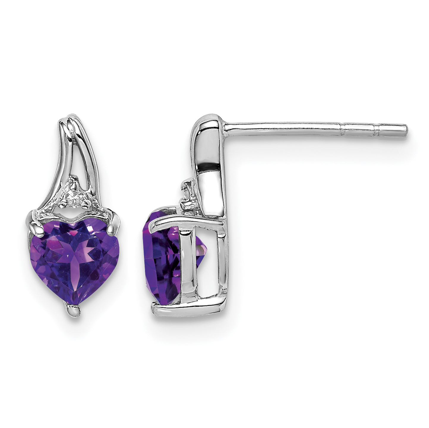 Sterling Silver Rhodium Plated Diamond and Amethyst Heart Post Earrings (QE9971AM)