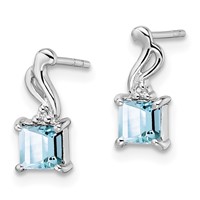 Sterling Silver Rhodium Plated Dia. Aquamarine Square Post Earrings view 2