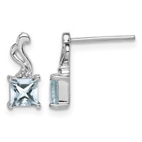 Sterling Silver Rhodium Plated Dia. Aquamarine Square Post Earrings view 1