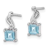 Sterling Silver Rhodium Plated Diamond and Blue Topaz Square Earrings view 2
