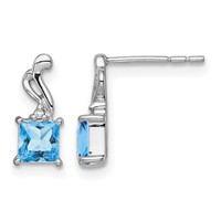 Sterling Silver Rhodium Plated Diamond and Blue Topaz Square Earrings view 1