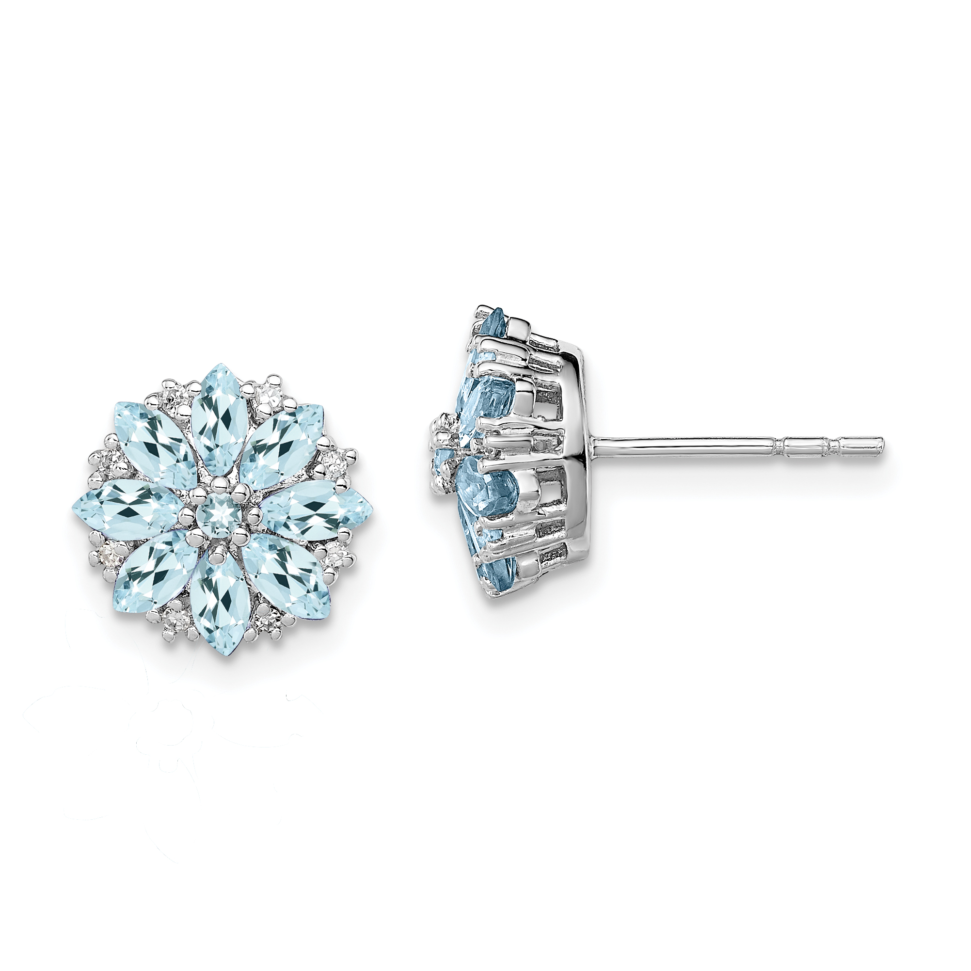 Sterling Silver Rhodium-plated Diamond & Aquamarine Earrings (QE9988AQ)