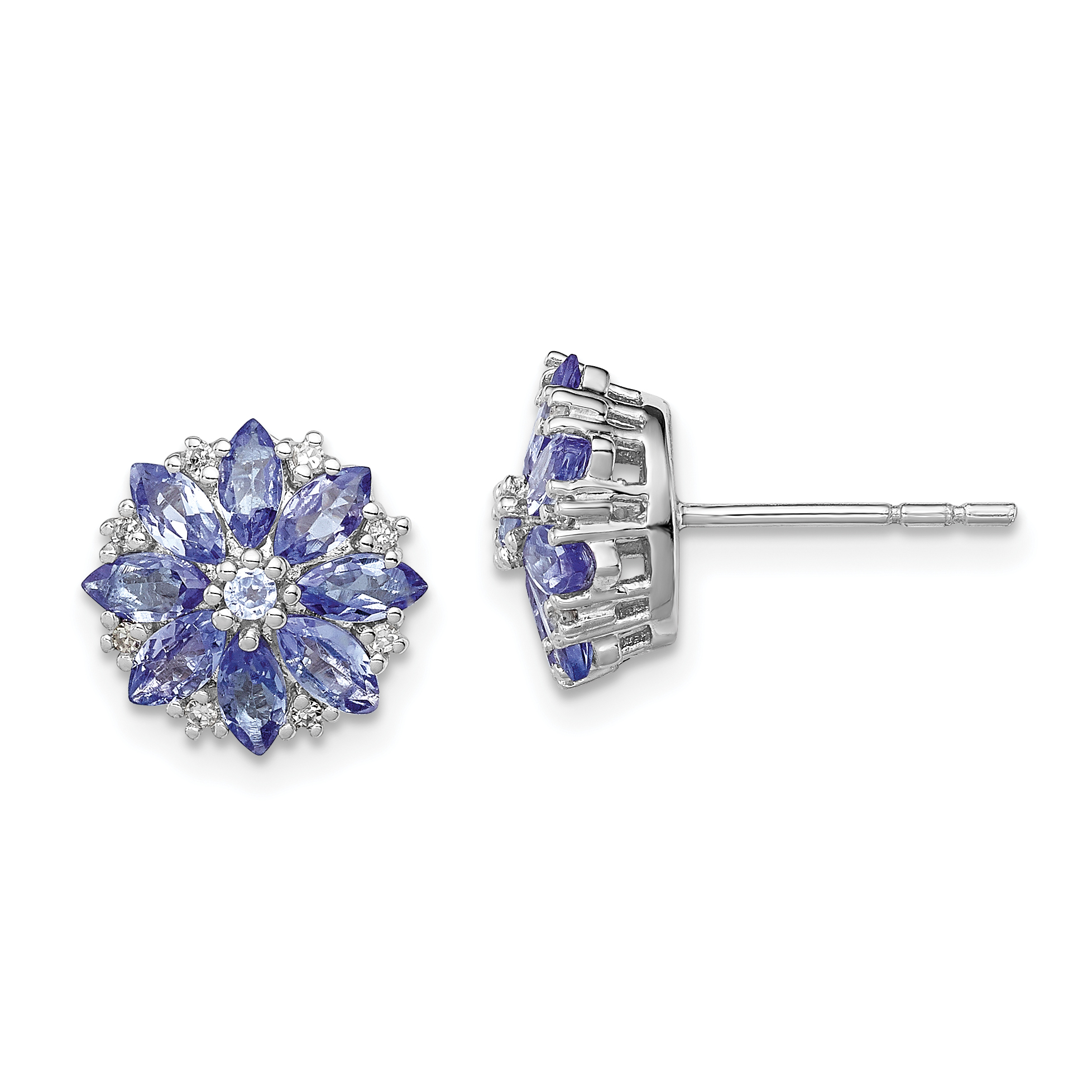 Sterling Silver Rhodium Plated Diamond & Tanzanite Post Earrings (QE9988TZ)