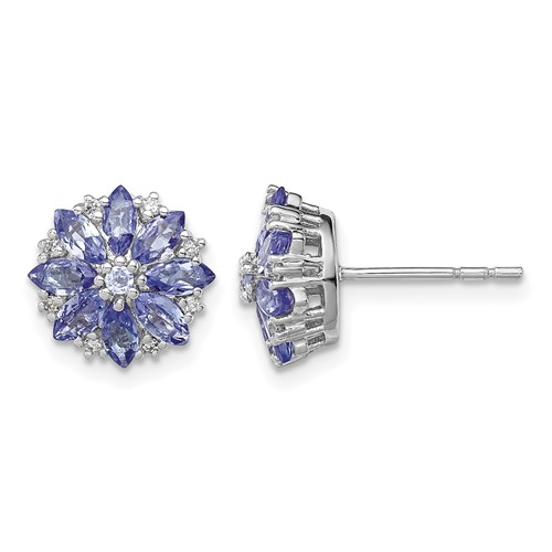 Sterling Silver Rhodium Plated Diamond & Tanzanite Post Earrings