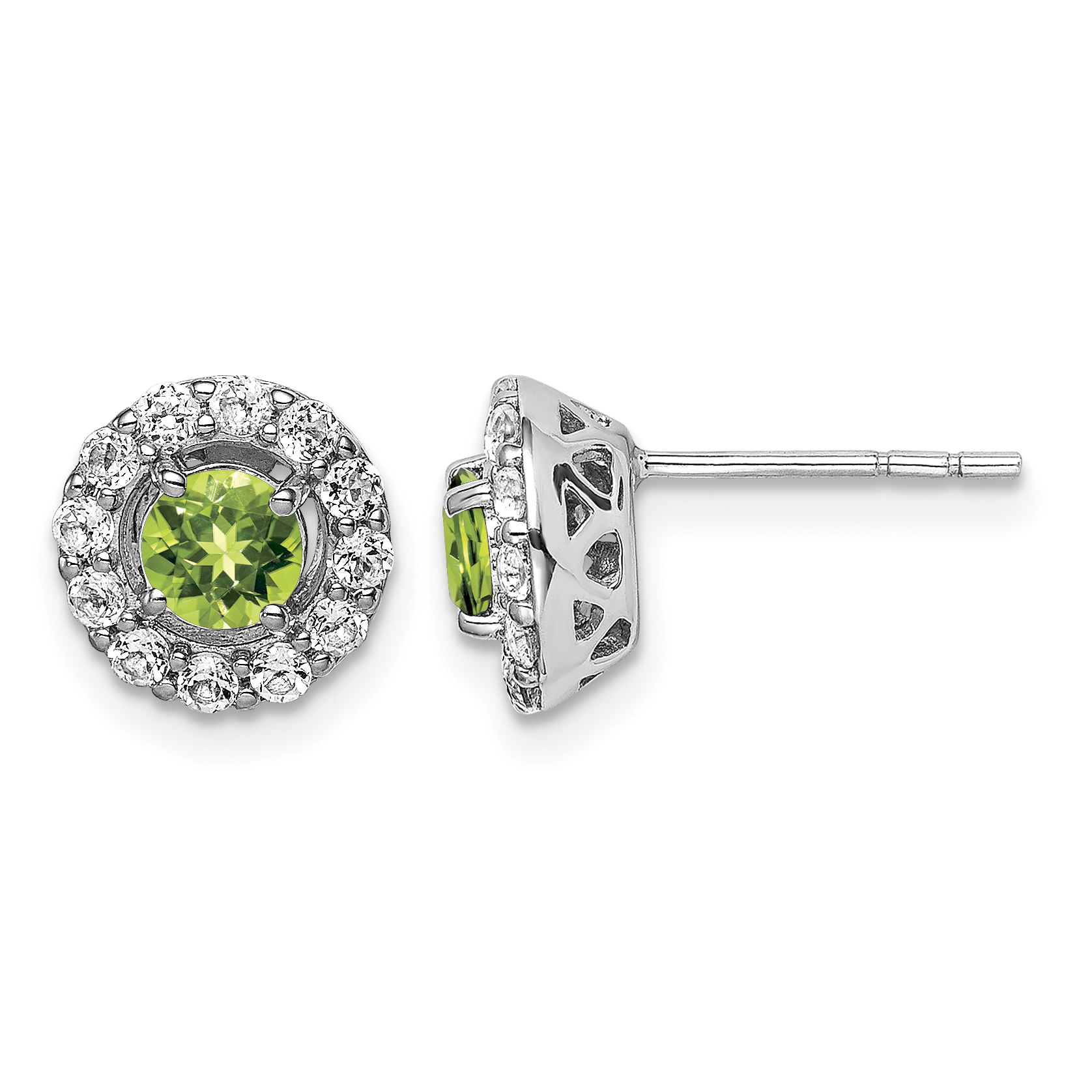 Sterling Silver Rhodium Plated White Topaz and Peridot Round Earrings (QE9993PE)
