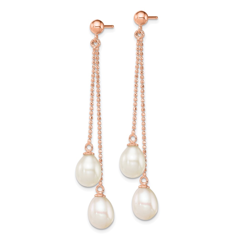Sterling Silver Rose-tone 7-8mm White Rice Freshwater Cultured Pearl Post Dangle Earrings (QER12777)