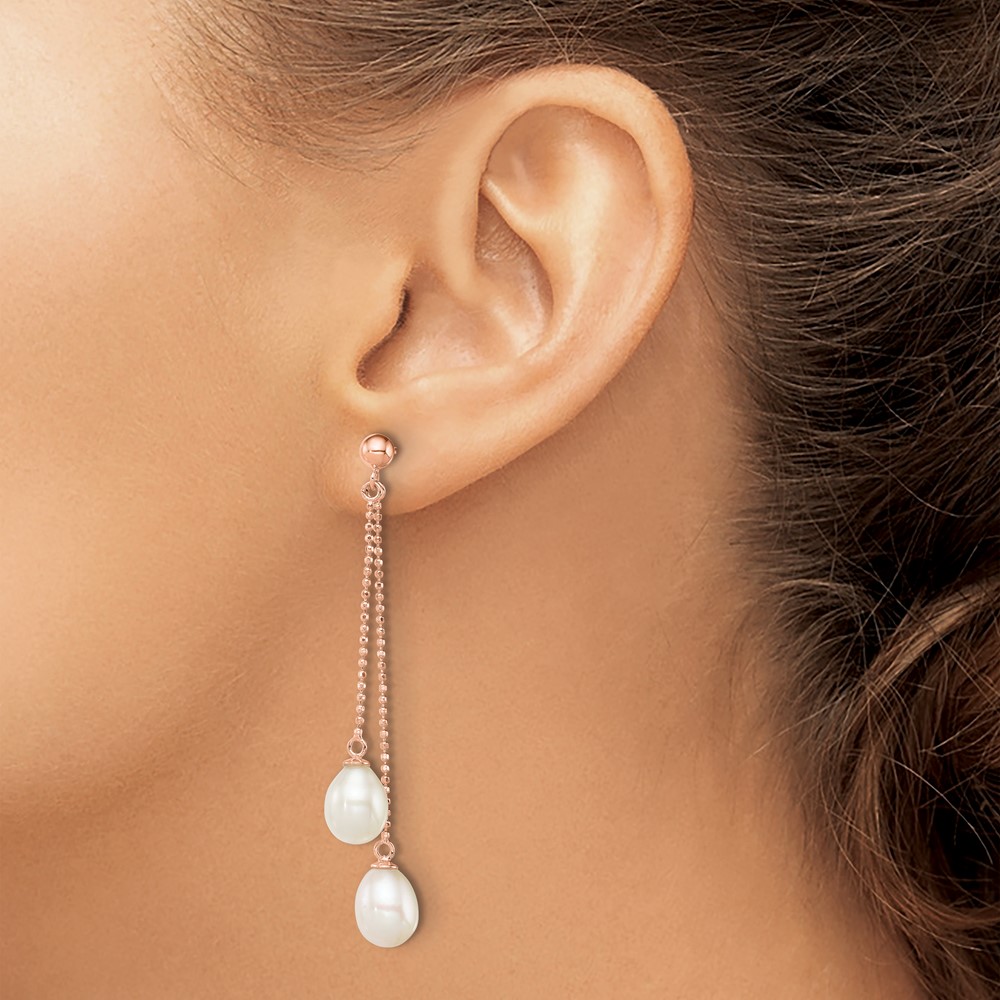 Sterling Silver Rose-tone 7-8mm White Rice Freshwater Cultured Pearl Post Dangle Earrings (QER12777)