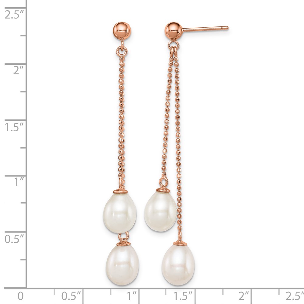 Sterling Silver Rose-tone 7-8mm White Rice Freshwater Cultured Pearl Post Dangle Earrings (QER12777)