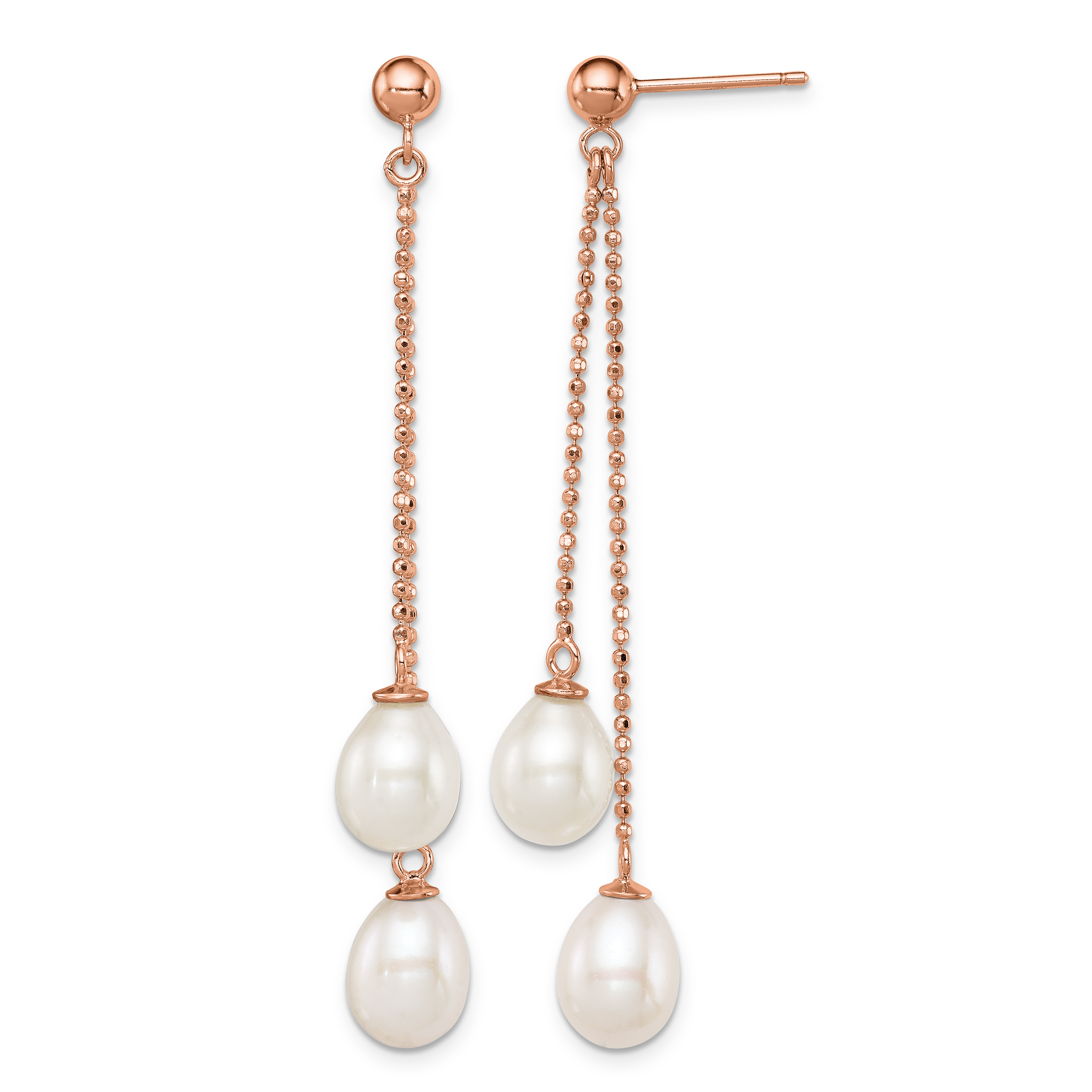 Sterling Silver Rose-tone 7-8mm White Rice Freshwater Cultured Pearl Post Dangle Earrings (QER12777)