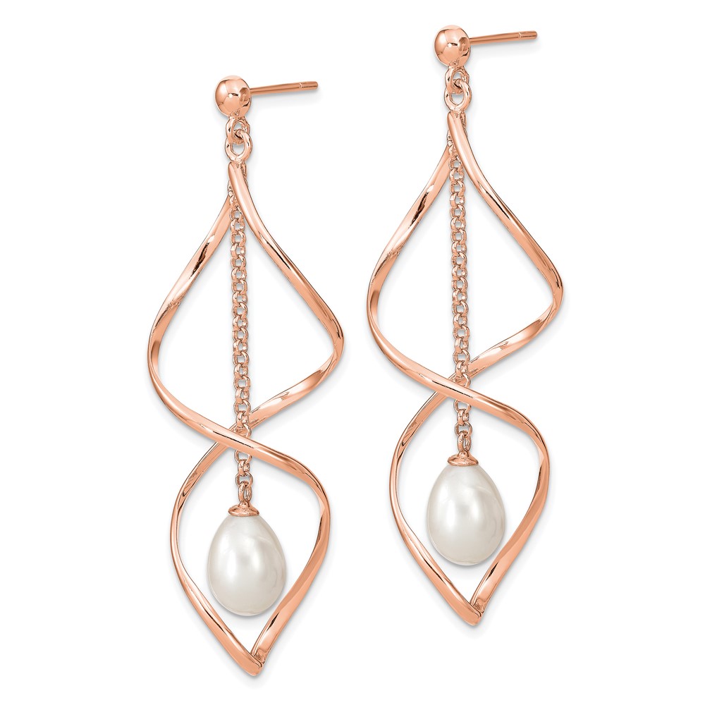 Sterling Silver Rose-tone 7-8mm White Rice Freshwater Cultured Pearl Post Dangle Earrings (QER13852)