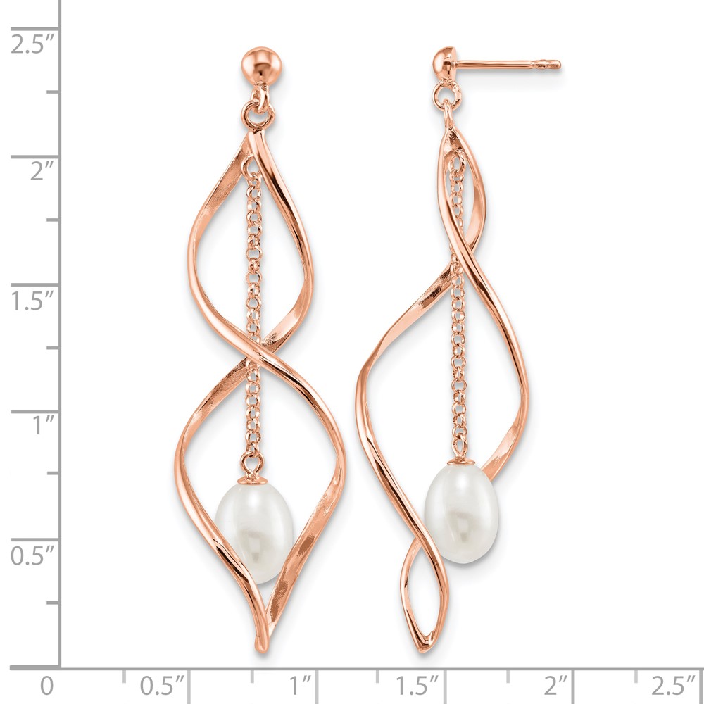 Sterling Silver Rose-tone 7-8mm White Rice Freshwater Cultured Pearl Post Dangle Earrings (QER13852)