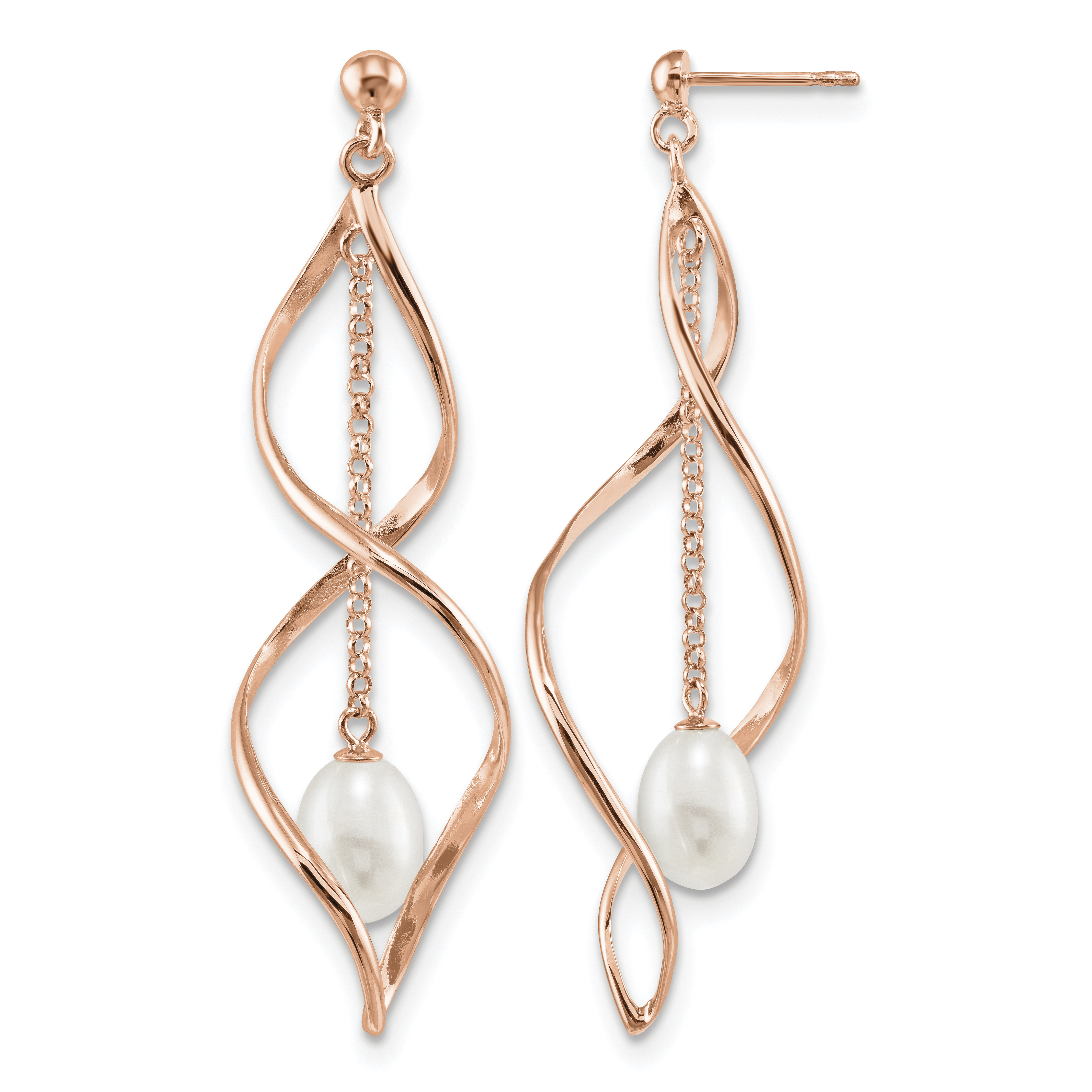 Sterling Silver Rose-tone 7-8mm White Rice Freshwater Cultured Pearl Post Dangle Earrings (QER13852)