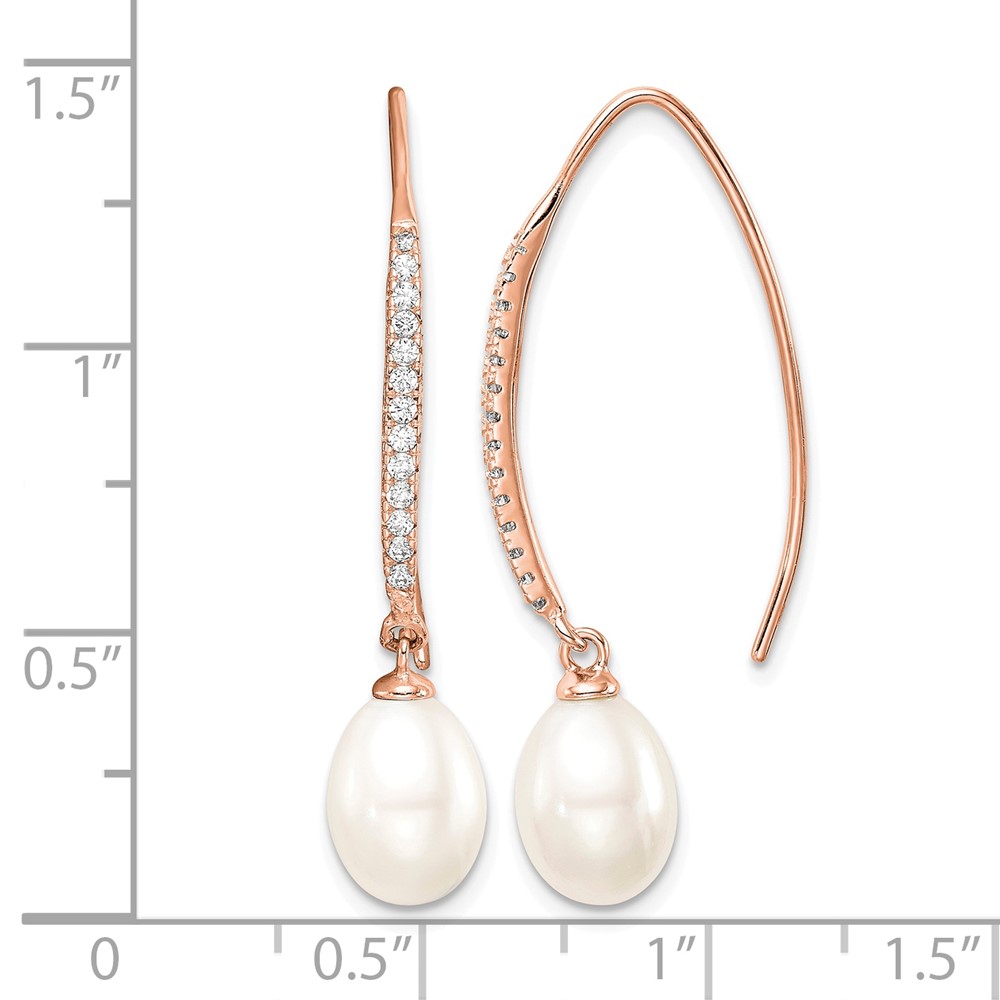Sterling Silver Rose-tone 7-8mm White Teardrop Freshwater Cultured Pearl and CZ Threader Earrings (QER15366)
