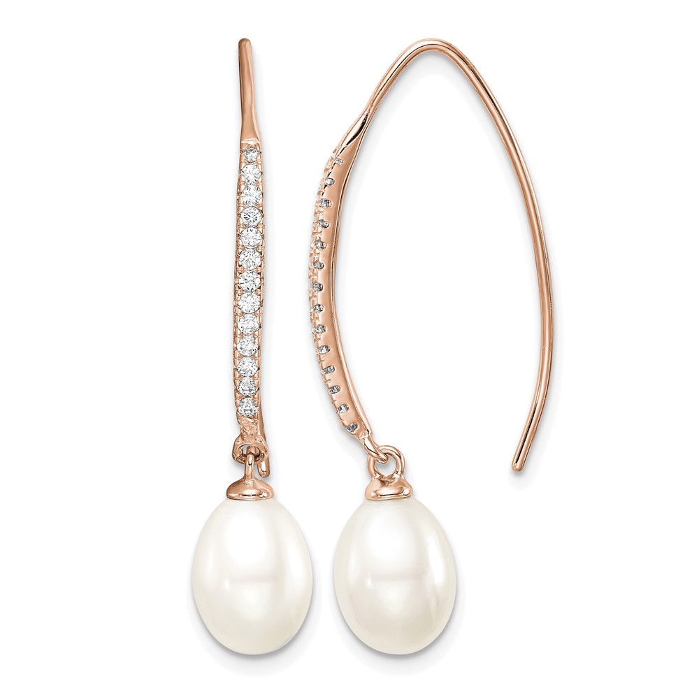 Sterling Silver Rose-tone 7-8mm White Teardrop Freshwater Cultured Pearl and CZ Threader Earrings (QER15366)