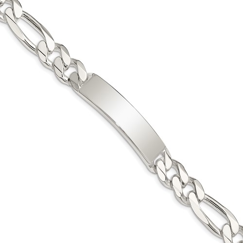 Sterling Silver Polished Engravable Figaro Link 41x 10mm Plate ID Bracelet, 8"