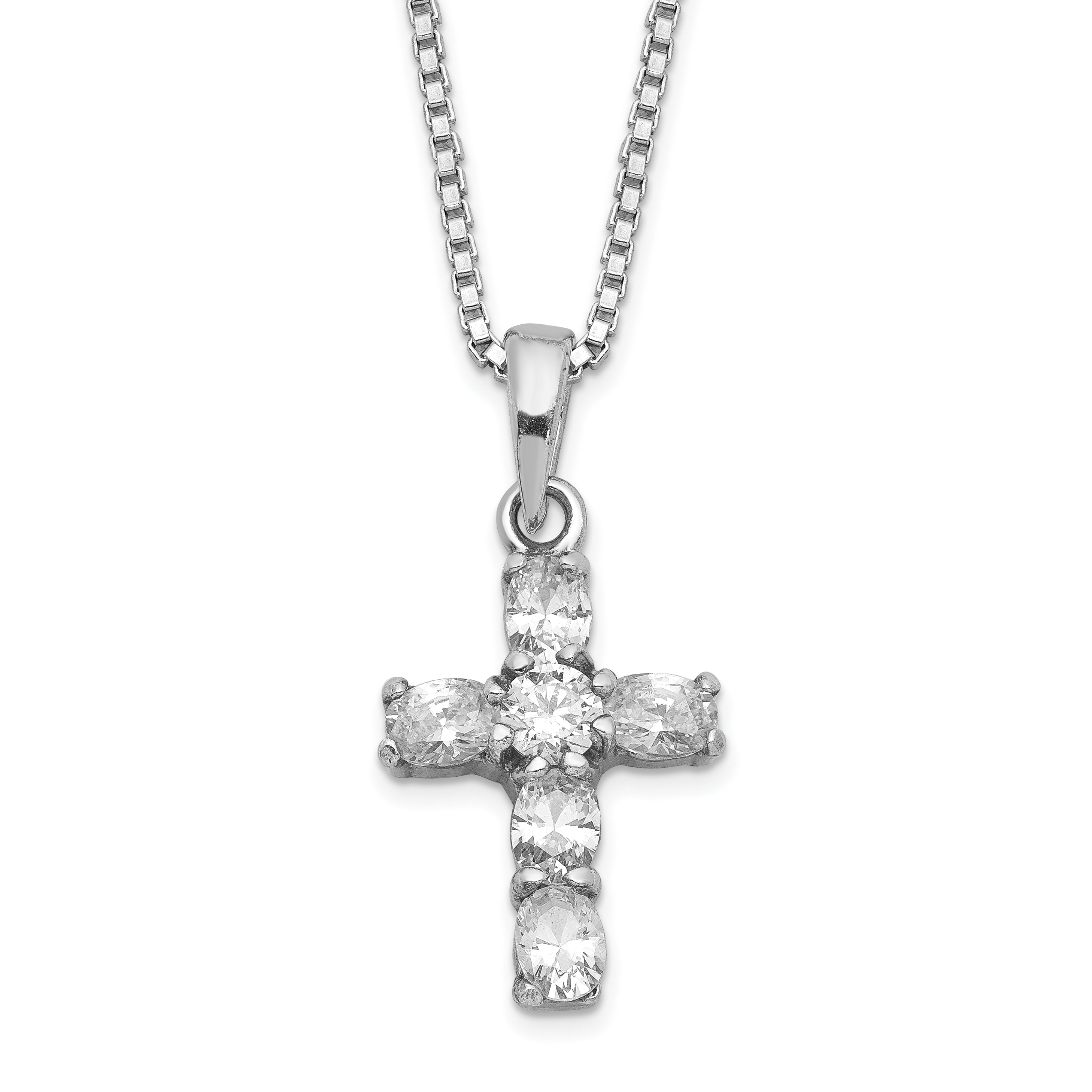 Sterling Silver Rhodium-plated CZ Cross on 16 Box Chain Necklace (QG1037-16)