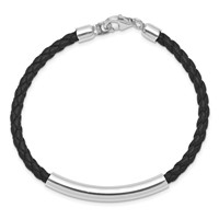 Sterling Silver Rhodium-plated Polished Bar Braided Black Leather Bracelet, 7" view 2