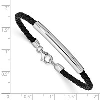 Sterling Silver Rhodium-plated Polished Bar Braided Black Leather Bracelet, 7" view 3
