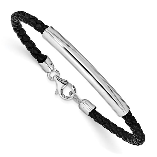 Sterling Silver Rhodium-plated Polished Bar Braided Black Leather Bracelet, 7"