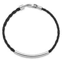 Sterling Silver Rhodium-plated Engravable Polished 38x 6mm Plate Black Braided Leather ID Bracelet, 7" view 2