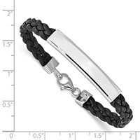 Sterling Silver Rhodium-plated Engravable Polished 38x 6mm Plate Black Braided Leather ID Bracelet, 7" view 3