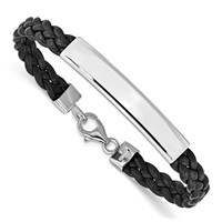 Sterling Silver Rhodium-plated Engravable Polished 38x 6mm Plate Black Braided Leather ID Bracelet, 7" view 1