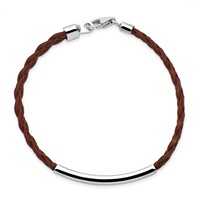 Sterling Silver Rhodium-plated Engravable Polished 38x 6mm Plate Brown Braided Leather ID Bracelet, 7" view 2