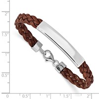 Sterling Silver Rhodium-plated Engravable Polished 38x 6mm Plate Brown Braided Leather ID Bracelet, 7" view 3